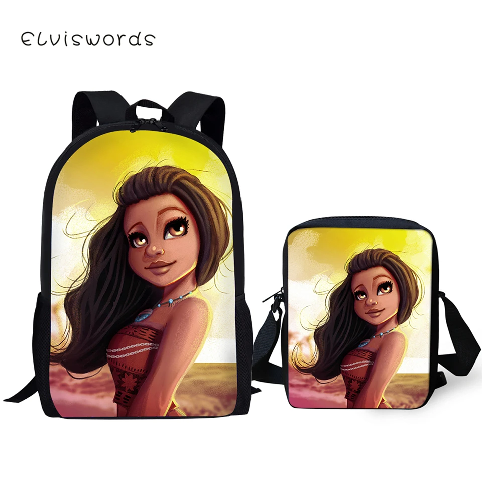 ELVISWORDS 2PCs Kids School Backpacks Moana Princess Design Girls Book Bags Cartoon Vaiana Girls Prints Women's Travel Backpack