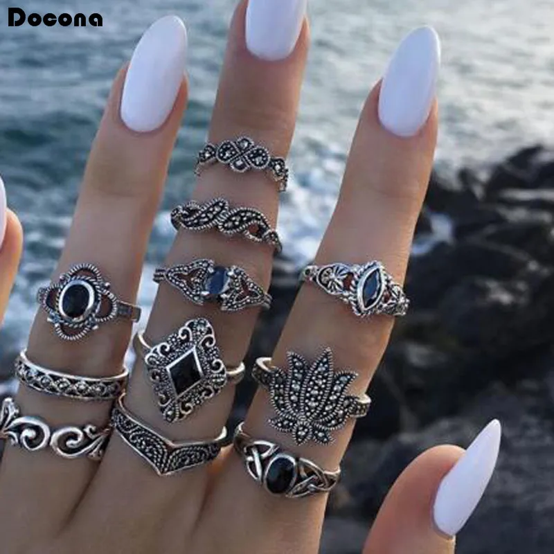 Docona 11 шт./компл. Ретро Серебряные кольца геометрический Кристалл Камень