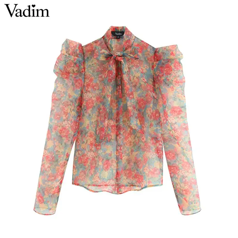

Vadim women sexy floral organze blouse transparent style bow tie collar long sleeve female see through chic tops blusas LB311