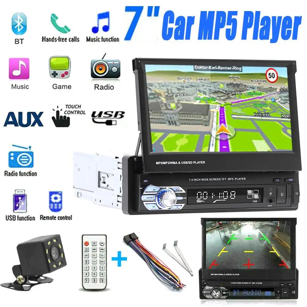 

7''Telescopic Touch Car Stereo Audio Radio Retractable Autoradio With BT DVDMP5 SD FM USB Player Rear View Camera