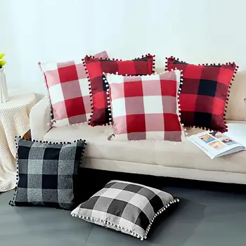 

45x45cm Red Black Plaid linen Cotton Cushion Covers with Tassels Decorative Pillow Cover Throw Pillow Case Home Decor Sofa Bed