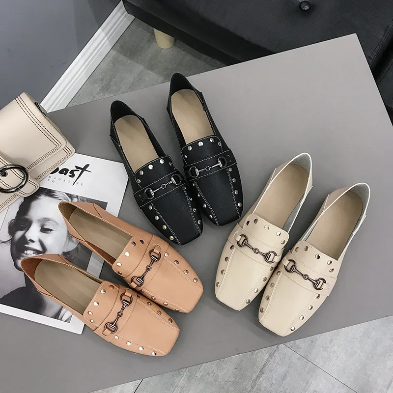 

2019 Peas WOMEN'S Shoes New Style Square Head Slip-on Flat Korean-style Social Online Celebrity Shoes England Versatile Loafers