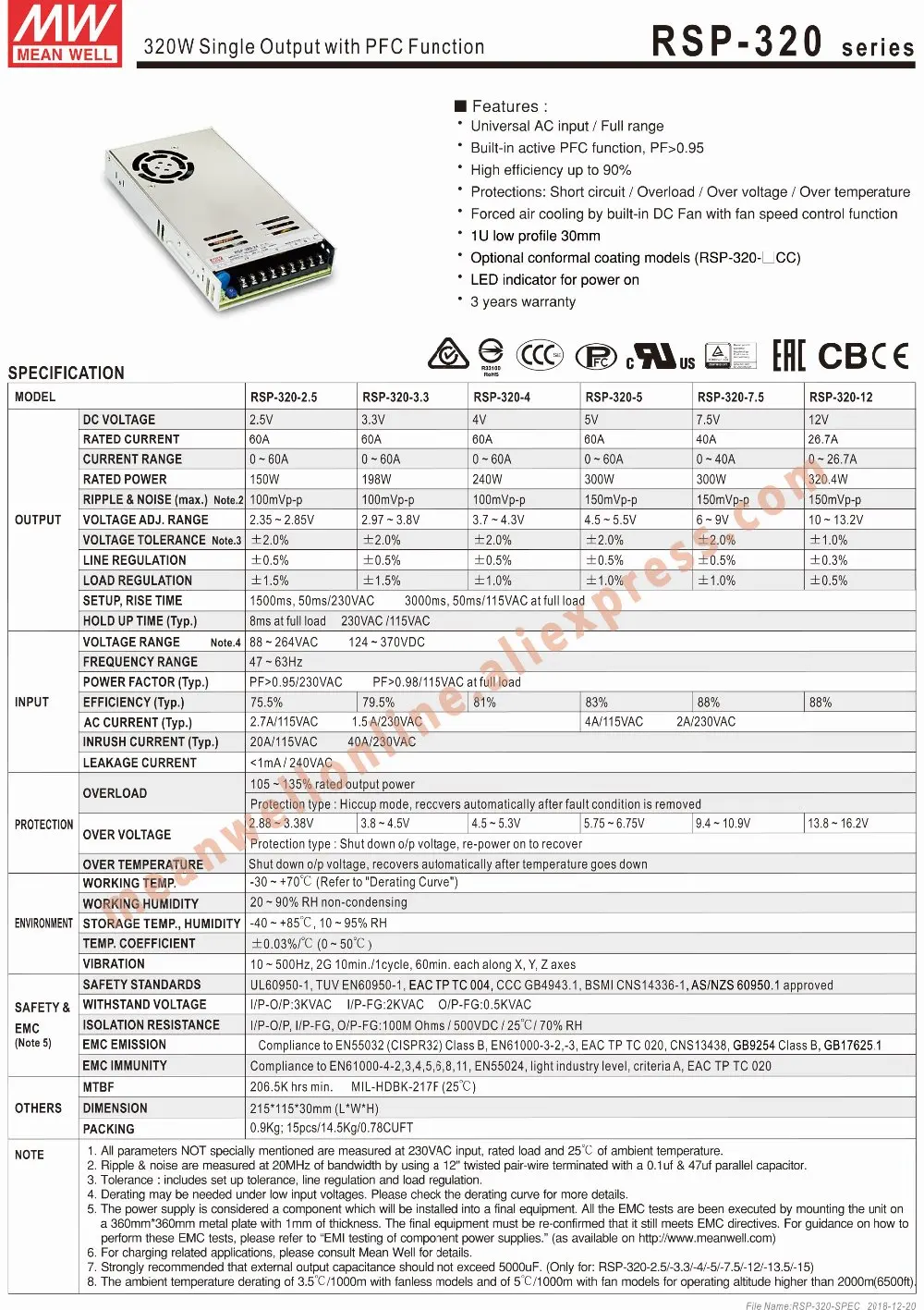 Бренд Mean Well представляет RSP-320 серии meanwell(5В/12В/15 V/24 V/48VDC 320 ватт один Выход с PFC Функция Питание Интернет-магазин