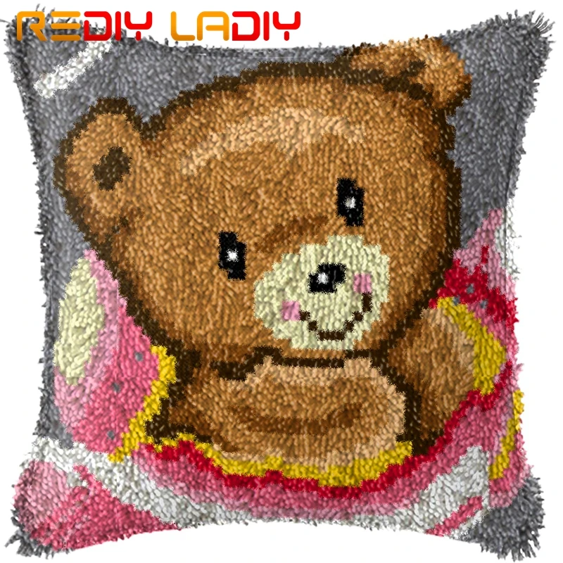 

Latch Hook Kits Make Your Own Cushion Grey Bear Acrylic Yarn Crochet Pillow Case Set Printed Canvas DIY Latch Hook Cushion Cover