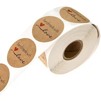 

500pcs/roll Round Kraft Paper Stickers Thank You Hand Made With Love Heart Gift Box Adhesive Kawaii Sticker DIY Scrapbooking