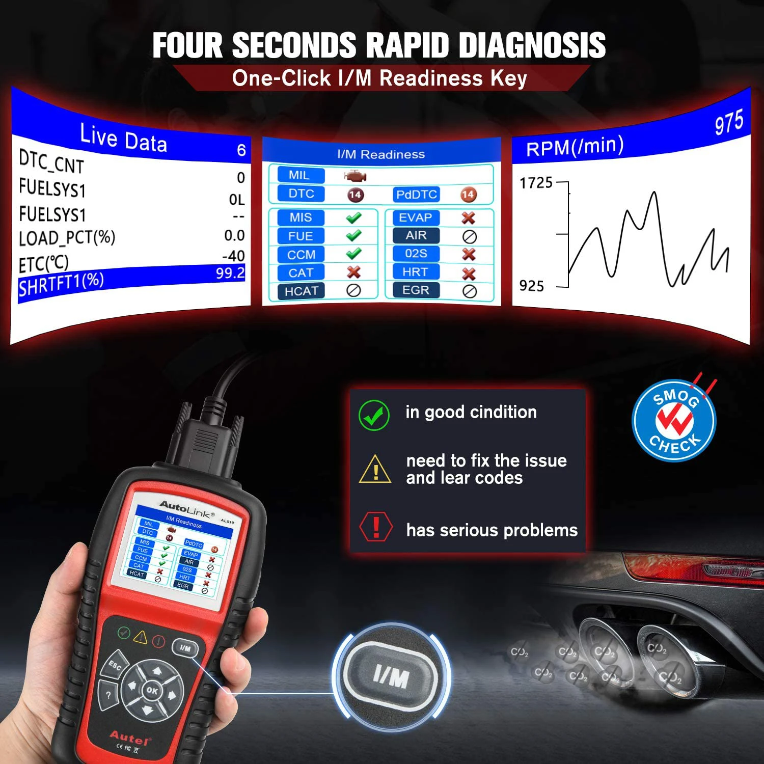 Autel AutoLink AL519 Vehicle OBDII/EOBD Code Reader One-Click I/M Readiness Key, Turns off Check Engine Light 4