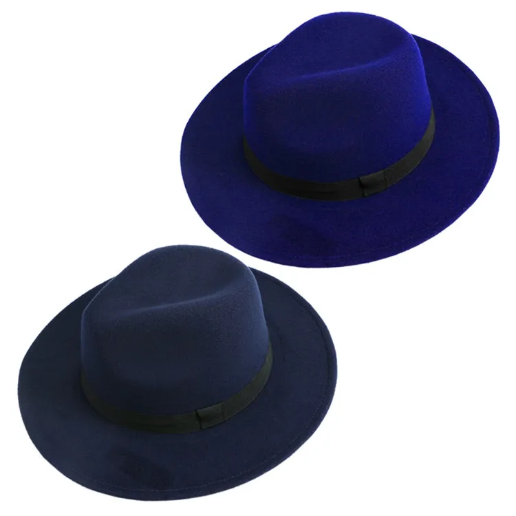 Royal Blue Мужская и женская Гангстерская шляпа джаз бант твердый фетровая шляпа-котелок Панама широкая шляпа - Цвет: Royal Blue