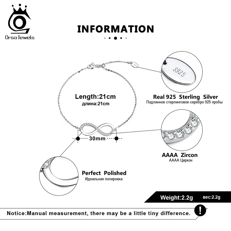 ORSA JEWELS, настоящий регулируемый браслет бесконечности 925, АААА, циркон, Стерлинговое Серебро, очаровательный браслет для женщин, Простые Ювелирные изделия SB54