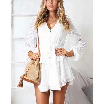 

Ruffle Layered Long Sleeve Jumpsuit Romper Ruffles Women 2019 Button White Lace Up Romper Sexy Streetwear Mesh Playsuit