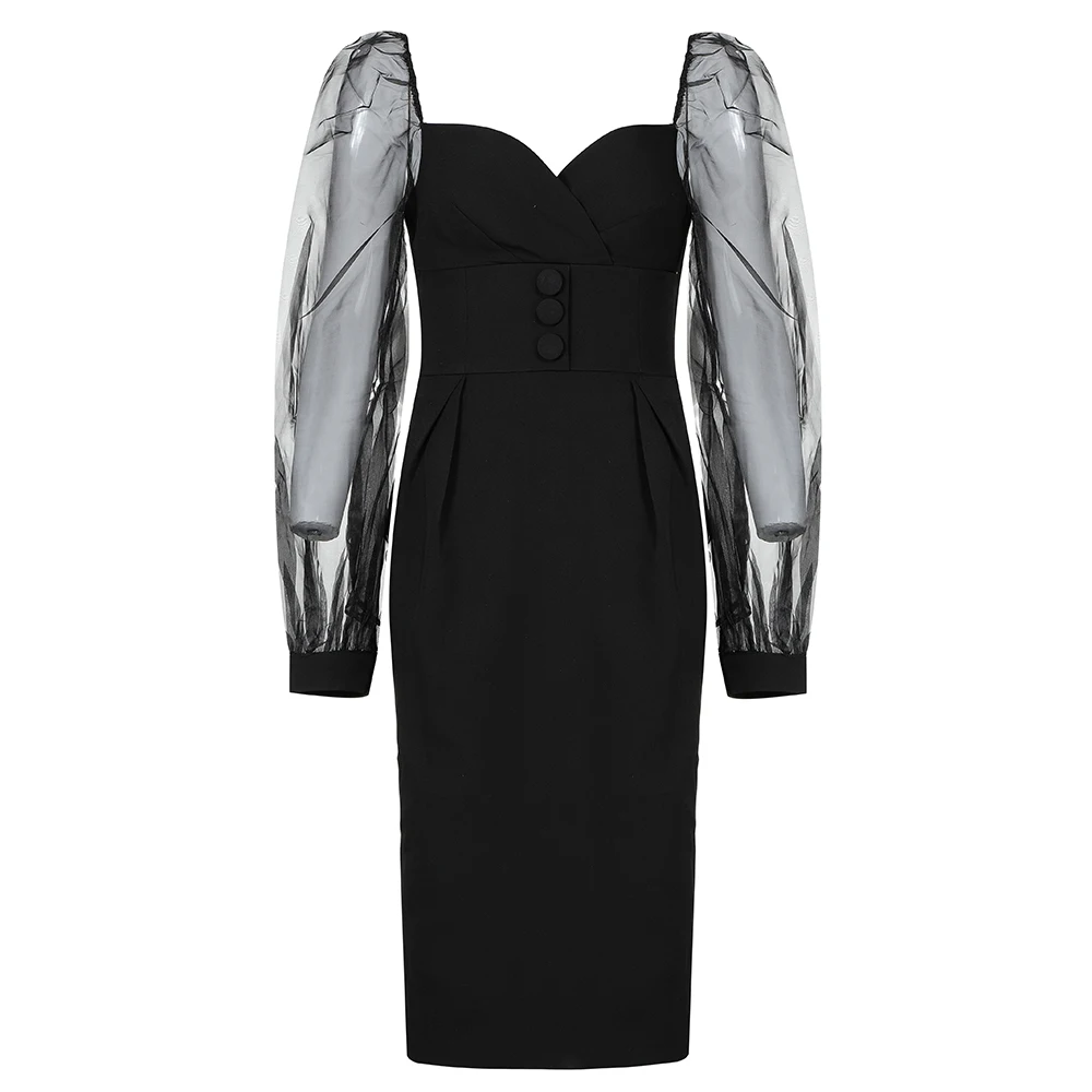 VC,, Новые Шикарные Вечерние платья до колен с длинными пышными рукавами и пуговицами - Цвет: Черный