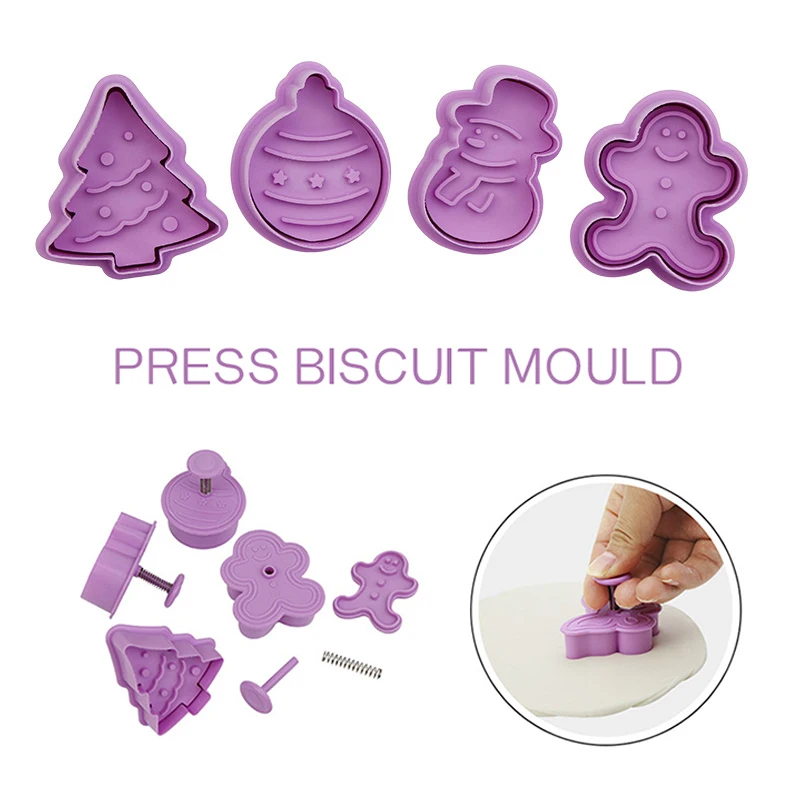 

4pcs/set 3d Biscuits Molds Plastic Christmas Cartoons DIY Plunger Fondant Cookie Cutter Set Mold Biscuit Decor Baking Tools