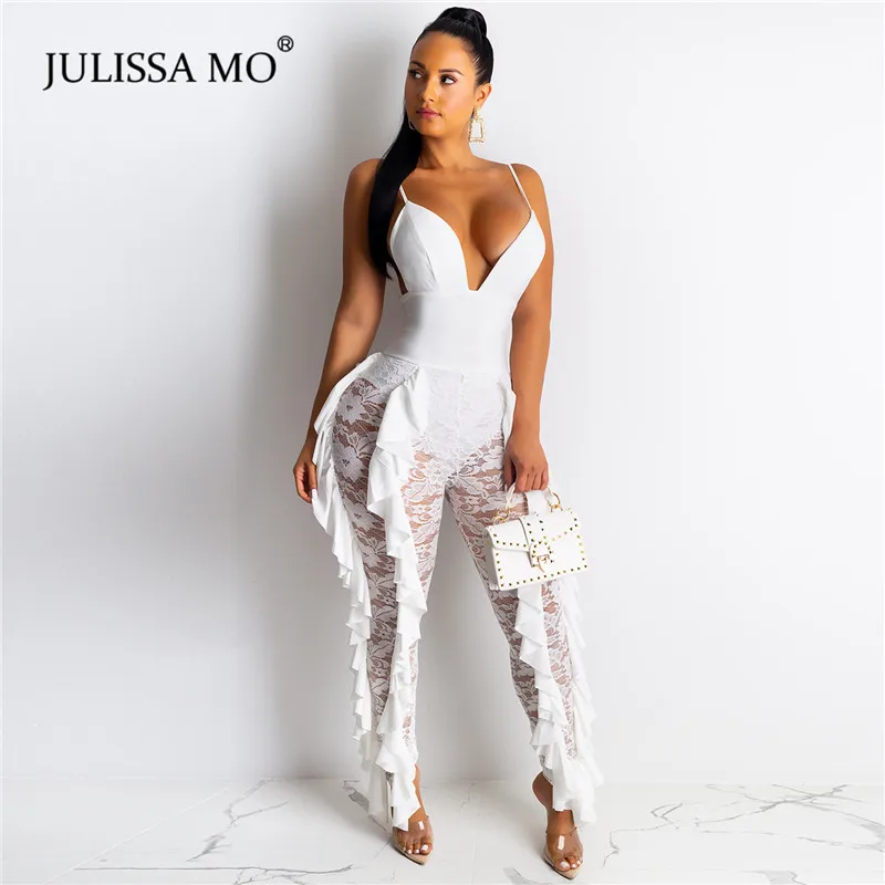 

JULISSA MO Black Constract Lace Bodice Sleeveless Jumpsuit Women Rompers Summer Autumn Sheer Elegant Ruffles Jumpsuits Overalls