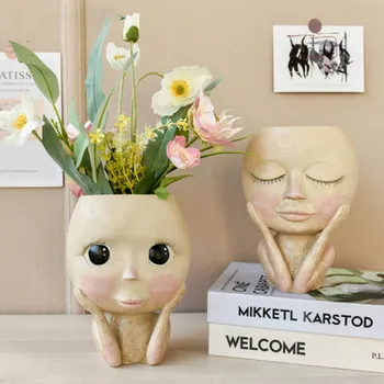 

HOT Nordic Art Human Head Vase Face Flower Pot Doll Design Resin Flower Pots Cute Home Decor Succulents Planter Head Shape Vase