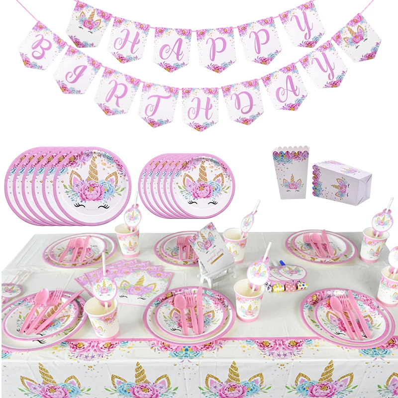 Pink Unicorn Disposable Tableware Plates Napkins Cups Banner Birthday Party Baby Shower Wedding Events Decor Supplies