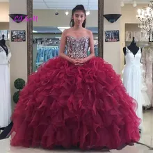 Бургундия бисером бальное платье Бальные платья возлюбленной кристаллы кружева сзади Стразы сладкий 16 платье выпускного вечера