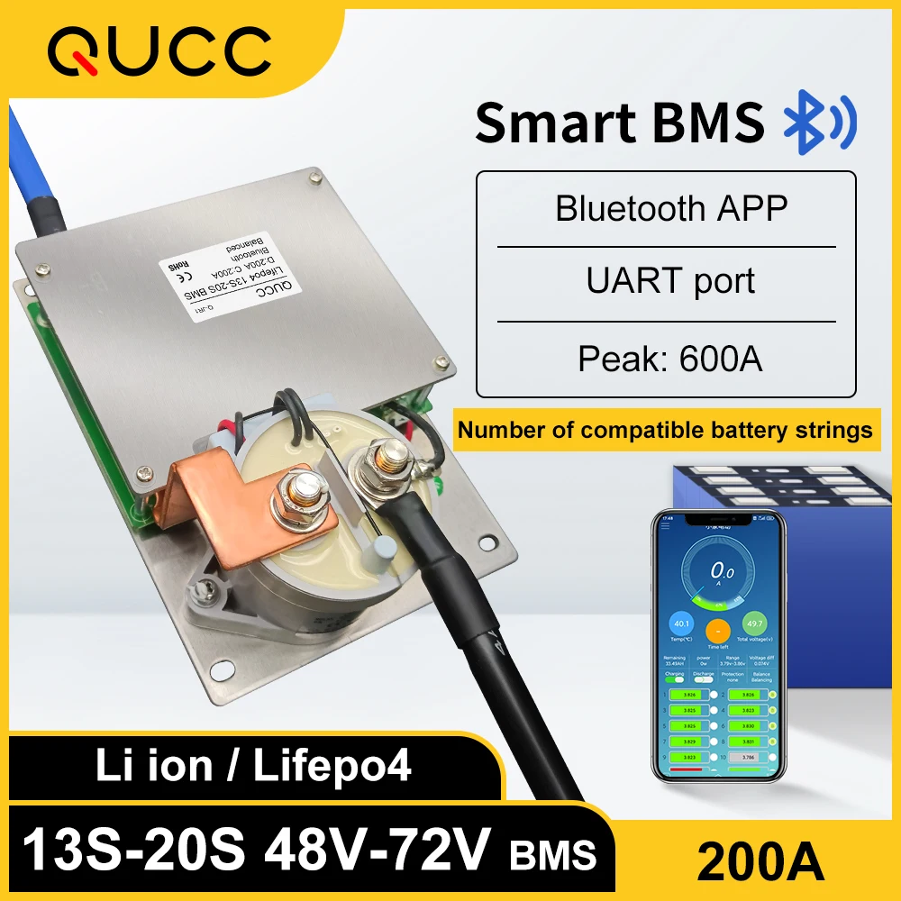 Smart BMS 13S 14S 15S 16S 17S 18S 19S 20S 200A Li ion Lipo Polymer Lifepo4 BMS 48V 60V 72V Bluetooth Phone APP Relay Balancer