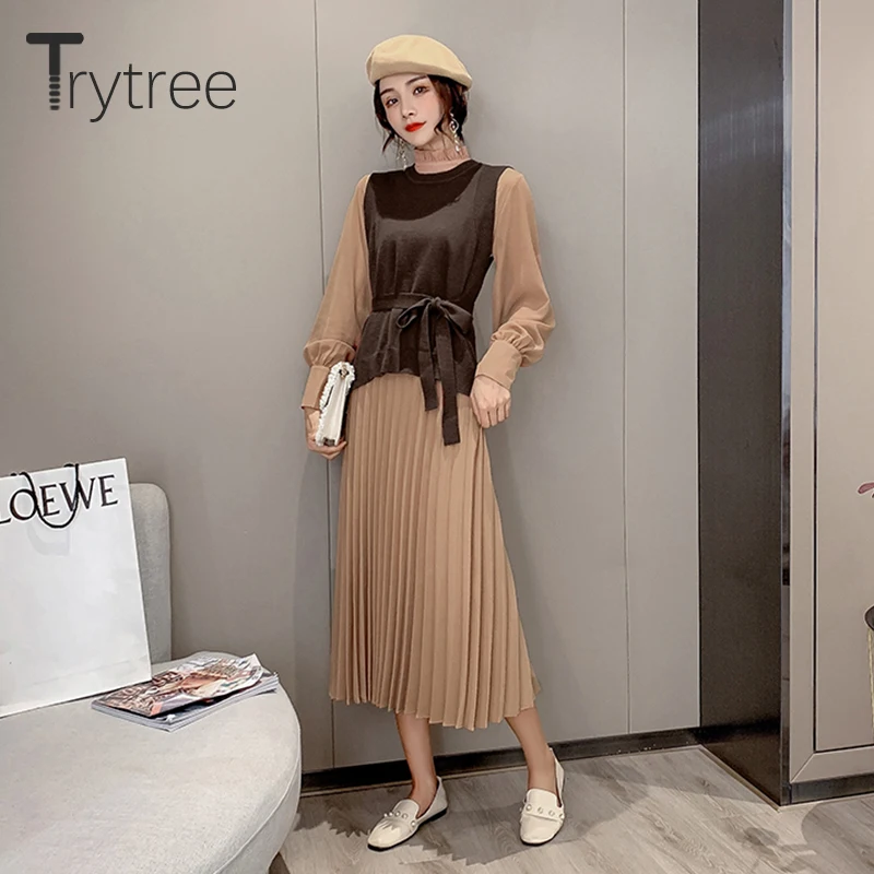 Trytree, осенне-зимний комплект из двух предметов, повседневный вязаный жилет с круглым вырезом и поясом+ платье с оборками, однотонный комплект из 2 предметов