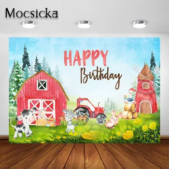 

Mocsicka Animal Farm Party Backdrop Country Red Barn Baby Birthday Decorations Photography Background Photobooth Photoshoot