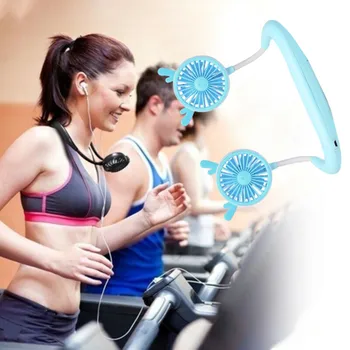 

USB LED Light dual head fan Rechargeable Neckband Lazy Neck Hanging Style Cooling Fan for camping outdoor event soccer baseball