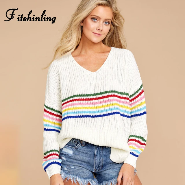 US $15.99 Fitshinling Winter Fashion Women's Sweaters 2019 Rainbow Striped Slim Pullovers Korean Style Knitte