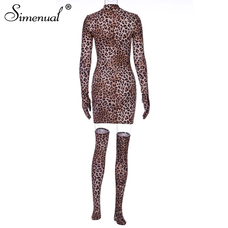 Simenual сексуальное леопардовое женское мини-платье с перчатками и чулками вечерние Клубные Модные облегающие платья с длинным рукавом обтягивающие