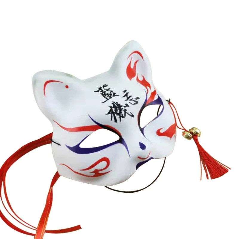 ПВХ лисица маска японский демон китсун Хэллоуин Косплей Полный Лицо Маска ручная роспись маскарадный мяч маска с кистями и колокольчиками