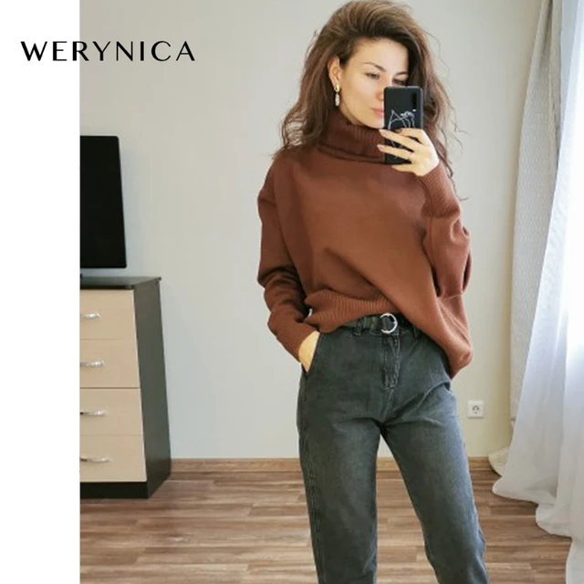 US $16.12 Werynica New Autumn Winter Women Loose Knitted Sweater Oversized Turtleneck Sweater Long Sleeves Wo