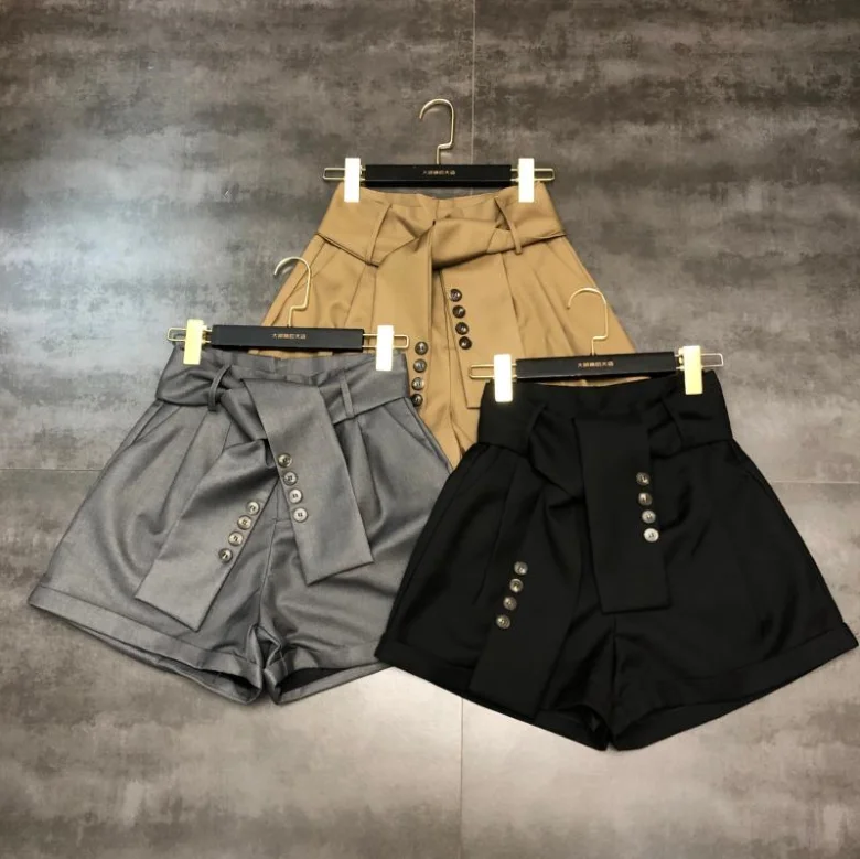 Fall New Button Design Belt High Waist Women Shorts Solid Color Female Wide Leg Shorts