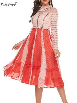 

Free shipping heavy crafts applique stitching lace multi-level sexy hollow high waist A-line dress Ladies autumn new style