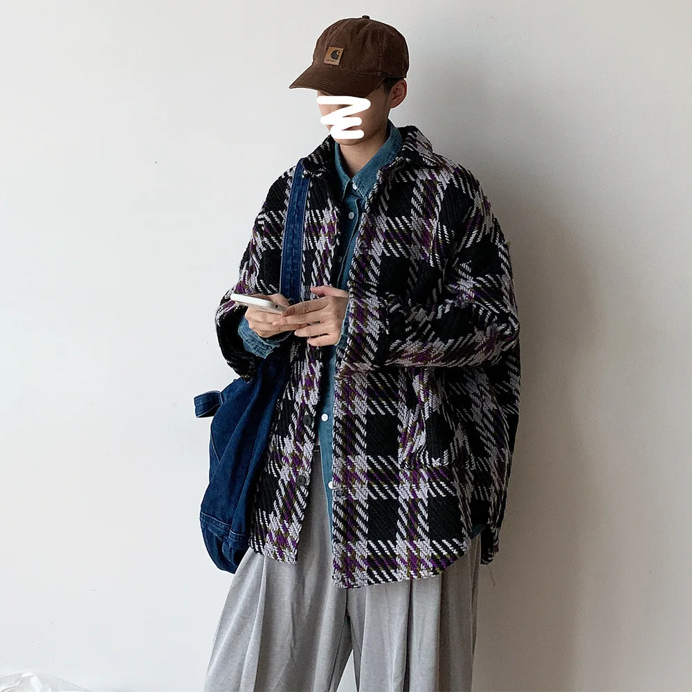 

Japanese Style Coat Korean Men Loose Wear Jacket Koren Style Wear on both sides Casual Plaid Shirt Coat