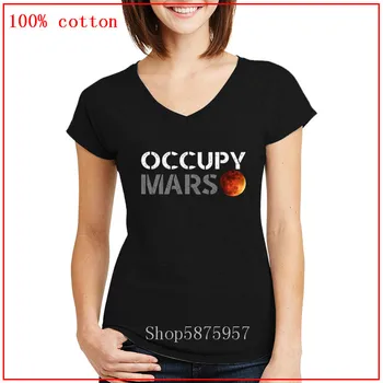 

2020 OCCUPY MARS white grey print V Neck T shirt Tesla Tees Casual Top design Popualr natural Cotton female Tee women Fashion