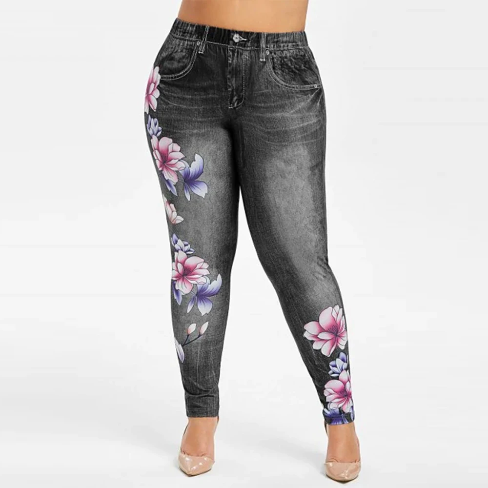 Imitation Denim Pants Women Large Size Flower Print Skinny Jeans for Woman Fashion Lady Mid Waist Jean Pencil Trousers D30