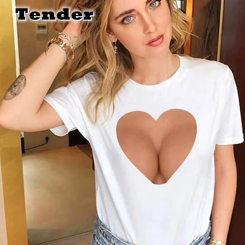 Женская футболка с коротким рукавом белая забавная сексуальная бюстгальтером на