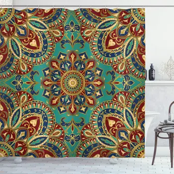 

Mandala Shower Curtain, Pattern with Mandala Style Eastern Medieval Motifs Oriental Ethnic, Cloth Fabric Bathroom Decor Set with