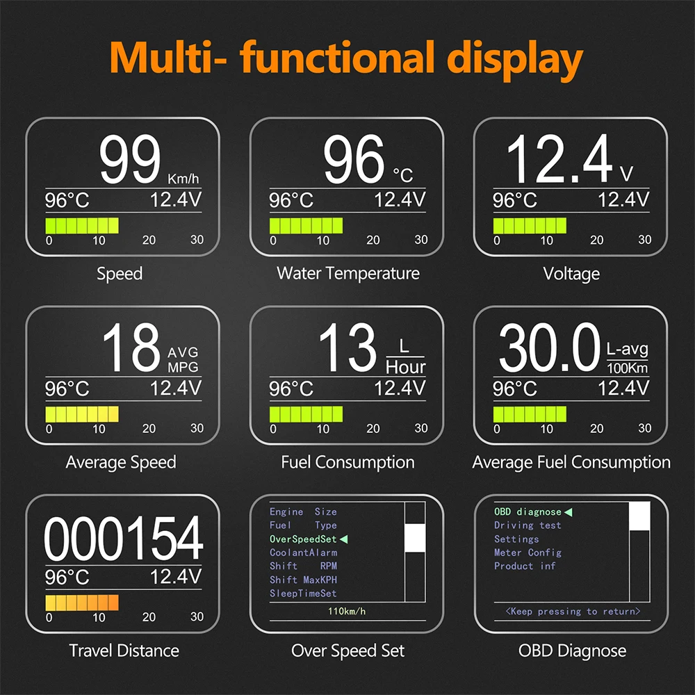 US $32.97 Autool X50plus MultiFunction Obd Car HeadUp Indicator Digital Obd 2 Hud Meter Auto Alarm Water Temperature Gauge Speed
