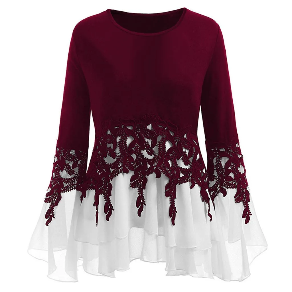 Plus Size Fashion Applique Chiffon Flare Blouse Casual Winter Ladies Tunic Tops Female Women Long Sleeve Shirt Blusas Pullover