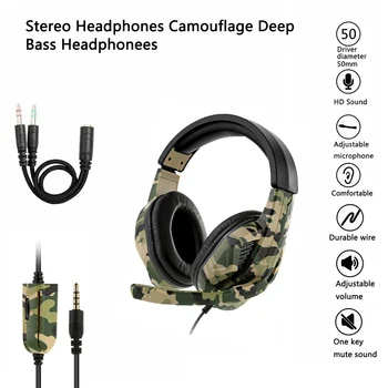 

Kowkaka Camouflage Headphones 3.5mm Lightweight Gaming Headset Stereo Bass Sound Adjustable Earphones With Mic For PC PS4 Phone