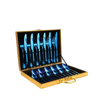 

24PCS/Set Wooden Box Stainless Steel Cutlery Knife Spoon Fork Tableware Dinnerware Supplies (Blue)