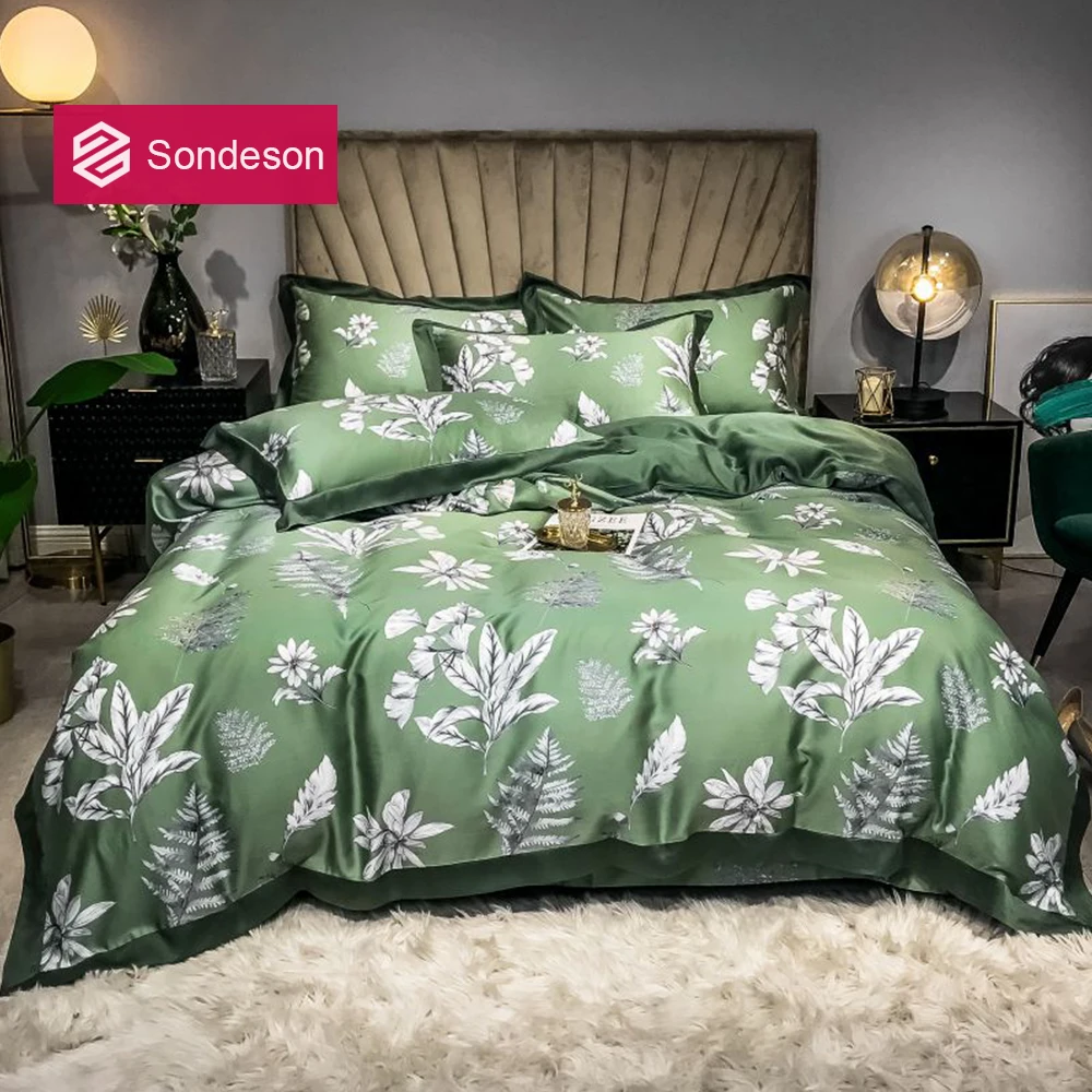 

Sondeson Spring 100% Silk Elegant Green Bedding Set 25 Momme Silk Leaf Duvet Cover Set Pillowcase Queen King Bed Linen Set 4PCS