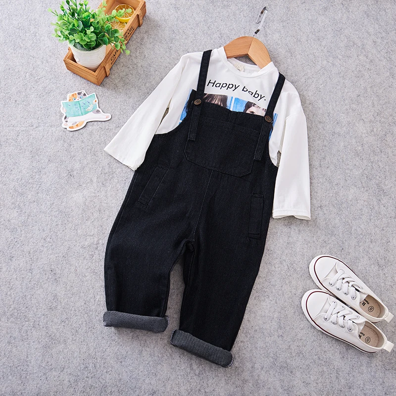 Модные комбинезоны для девочек; джинсовый комбинезон для маленьких девочек в ковбойском стиле; брюки с поясом; корейский джинсовый комбинезон для маленьких мальчиков; штаны на подгузник; От 2 до 7 лет - Цвет: Черный