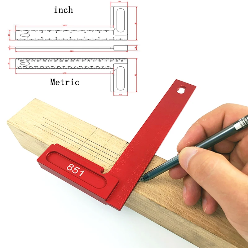 

inch Metric Measuring Tool Woodworking T-type Scribe Mark Measurement Tool Aluminum Alloy Precision Cross-calibration Ruler