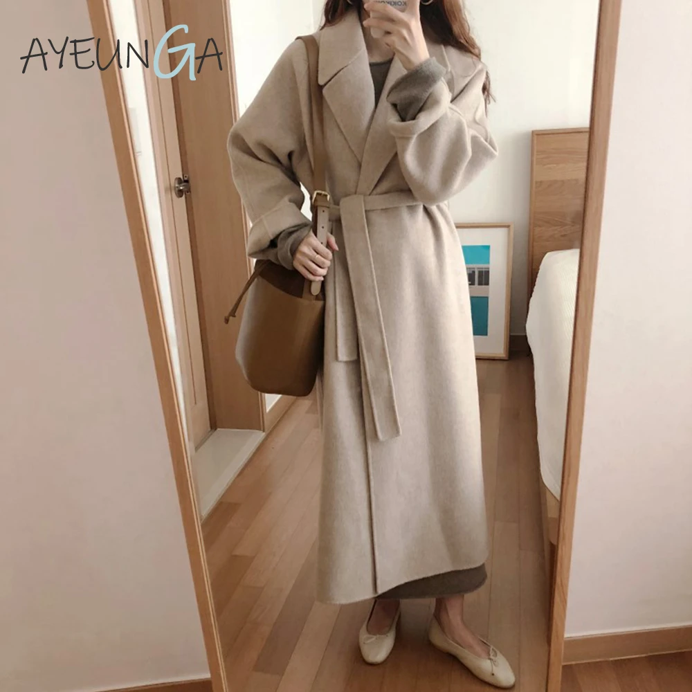 

Plus Size Woman Wool Coats With Belt Autumn Winter Coat Women Medium-long Abrigo Mujer Turn-down Collar Open Front Wool Coat