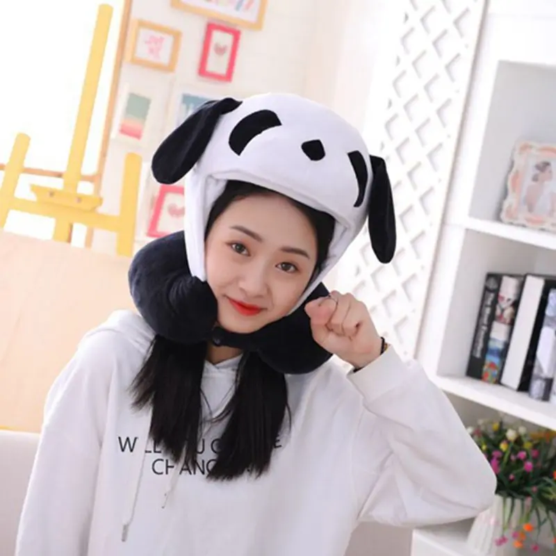 Cute Cartoon Panda Animal Hooded Travel Neck Support Pillow Soft Plush Toy Stuffed Toys U-Shaped Cushion with Hat Men Women Kids