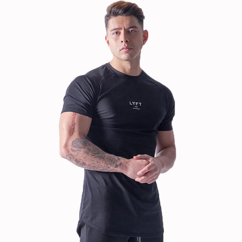 Hohe Qualität Männer T-shirt Hohe Elastizität Berufs GYM Fitness Oansatz Herren T Shirts Slim Fit Gebogene Saum Raglan Hülse 3XL
