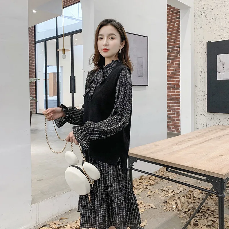 

2019 Autumn New Style Large Size Dress Fat Mm Korean-style Plaid Dress + Sweater Waistcoat Two-Piece Set Women's Fashion