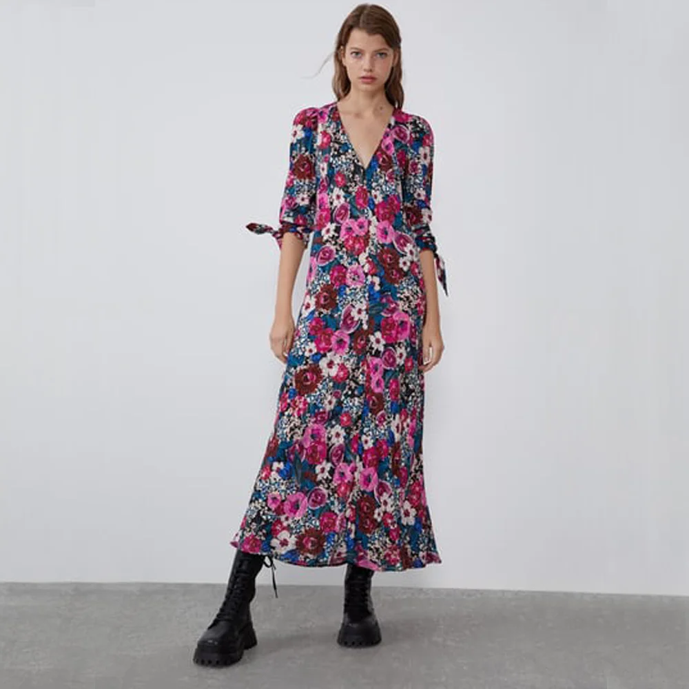 ZA 2019 Новое разноцветное модное платье с принтом женская одежда Boho Свободное v
