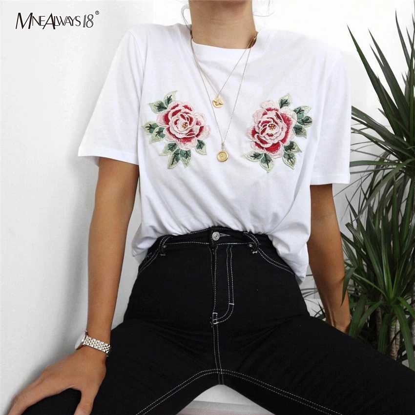 Mnealways18 Roses Women T-Shirt Short Sleeve Embroidered Womens Tee Shirts White Cotton Basic Top Peony Casual Pullovers Summer | Женская