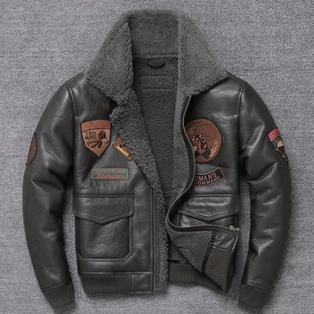 

Raw Fur One Male B3 Lear GarMant Embroidery Badges Locomotive Air Force Sheep Lear Jacket Fur Coat