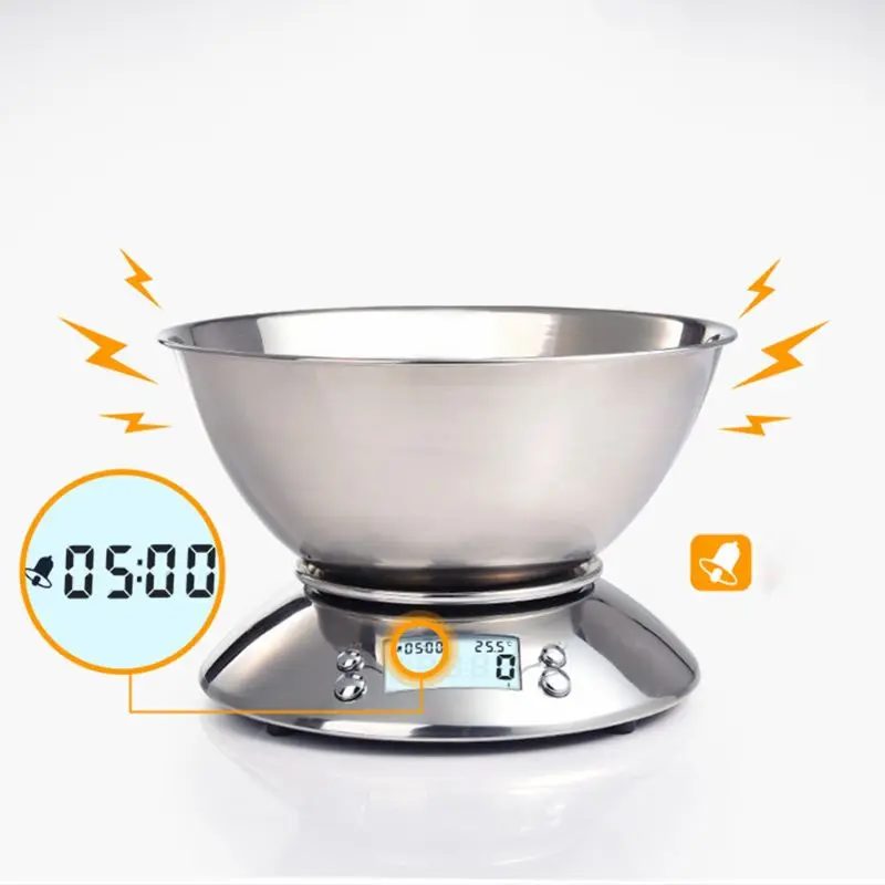 

5kg/1g Stainless Steel Digital Kitchen Food Bowl Scale with Clock Volume Room 95AA