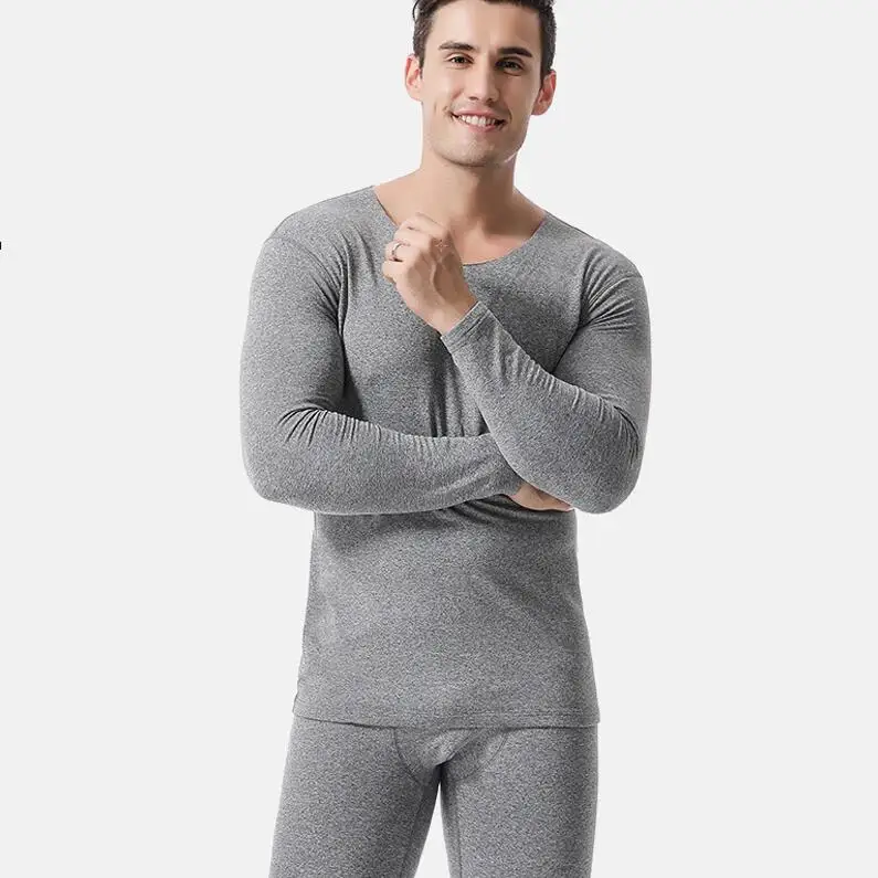 light grey Новое мужское бесшовное термобелье плюс бархат утолщение молодежный Мужской Хлопковый костюм с круглым вырезом осенняя одежда длинные штаны - Цвет: light grey